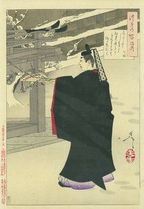 月百姿 しらじらとしらけたる夜の月かげに雪かきわけて梅の花折る 公任／芳年